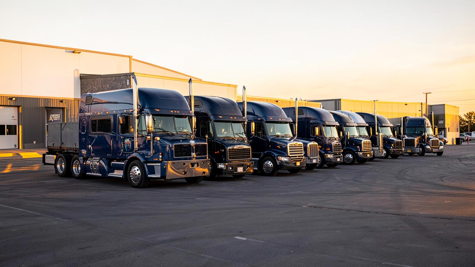 Navy semi-trucks lined up at a depot